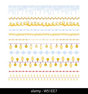 Set of christmas garlands for festive design. Winter pattern brushes with snowflakes, light bulbs, beads, serpentine for New Years decoration. Stock vector. Stock Vector