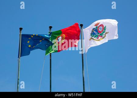 European flag, Portuguese flag, Flag of Lisbon, Lisbon, Portugal Stock Photo