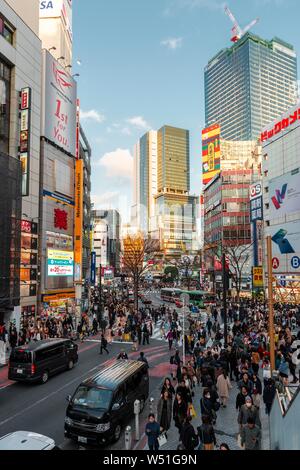 Bustling street with crossroads and zebra crossing, many shopping centers and shops, Shibuya, Udagawacho, Tokyo, Japan Stock Photo