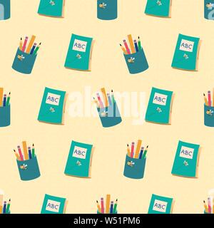 Blue books and pencils design with going back to school theme. Seamless vector pattern on textured yellow background. Great for children, preschool Stock Vector