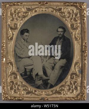 Portrait of Two Seated Men Drinking / E.J. Parker and Cortez Slayton, Morrisville, Vermont, Unknown maker, American, 1864–1866, Tintype, 6.4 × 5.1 cm (2 1/2 × 2 in Stock Photo