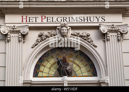 Sign on Het Pelgrimshuys (The Pilgrims House) in Dordrecht, the Netherlands, Dordrecht is an island city and the oldest city in Holland. Stock Photo