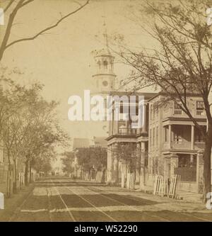 View in Meeting Street, Showing the South Carolina Hall and St. Michael's Church, Charleston, S.C., George N. Barnard (American, 1819 - 1902), about 1875, Albumen silver print Stock Photo