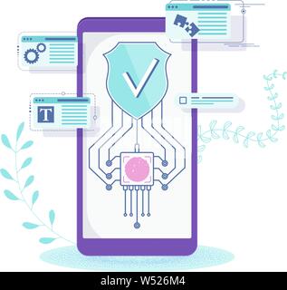 Data security. Shield on the mobile phone screen. Stock Vector
