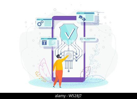 Data security. Tiny man and Biometric Fingerprint identification. Stock Vector