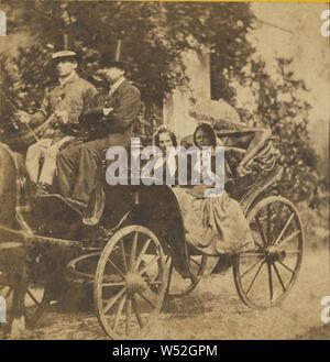Two women in a horse-drawn carriage with two men drivers wearing top hats, LeBas (French, active 1850s - 1860s), about 1858, Albumen silver print Stock Photo