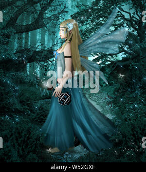 Blue fairy with a magic love potion in the foggy forest - 3D illustration Stock Photo