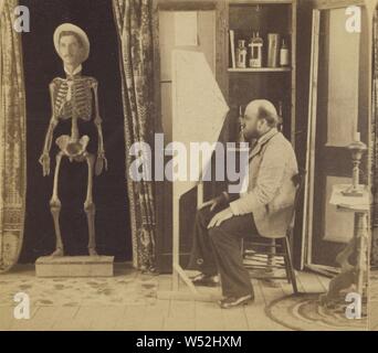 Bald, bearded man seated gazing at a human skeleton with a superimposed man's head wearing a straw hat, Unknown, about 1865, Albumen silver print Stock Photo