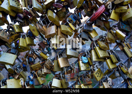 Close up of padlocks left by lovers on the bridge in the Abanotubani area of Tbilisi, Georgia, Caucasia, Eurasia. Stock Photo