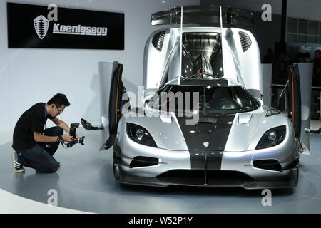 --FILE--A Koenigsegg sports car is displayed at the stand of Koenigsegg during the 13th Beijing International Automotive Exhibition, also known as Aut Stock Photo