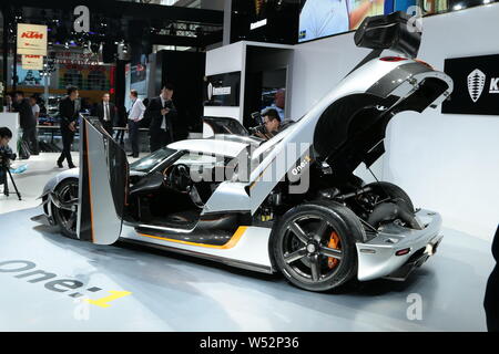 --FILE--A Koenigsegg sports car is displayed at the stand of Koenigsegg during the 13th Beijing International Automotive Exhibition, also known as Aut Stock Photo