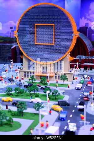 The Coin-shaped Fang Yuan Building made by Lego bricks is on display at LEGOLAND Discovery Center Shenyang in Shenyang city, northeast China's Liaonin Stock Photo