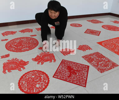 Chinese folk artist Li Yinjie shows paper-cutting artworks featuring pig to mark the upcoming Spring Festival or the Chinese New Year (Year of the Pig Stock Photo