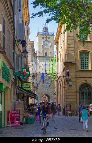 Town Hall and clock tower seen from Place Richelme,  Aix-en-Provence, Provence-Alpes-Côte d'Azur, France. Stock Photo