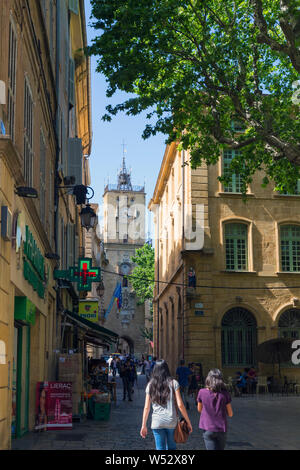 Town Hall and clock tower seen from Place Richelme,  Aix-en-Provence, Provence-Alpes-Côte d'Azur, France. Stock Photo