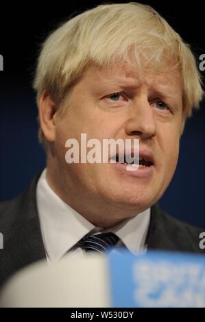 Boris Johnson, Mayor of London,  speaks to delegates during the third day of the annual Conservative Party Conference at the ICC in Birmingham,  England on October 9, 2012.  The Tory party gave Boris Johnson a rock-star welcome. he was mobbed by activists chanting 'Boris! Boris' as he arrived by train for the party's annual conference in Birmingham, central England. Stock Photo