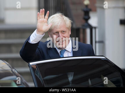 Newly elected leader of the Conservative party Boris Johnson gestures at Conservative party HQ in Westminster on July 23, 2019 in London, England. After a month of hustings, campaigning and televised debates the members of the UK's Conservative and Unionist Party have voted for Boris Johnson to be their new leader and the country's next Prime Minister, replacing Theresa May Stock Photo