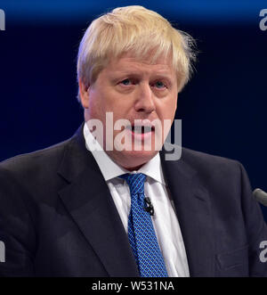 Foreign Secretary Boris Johnson delivers his keynote speech on day three of the annual Conservative Party conference on October 3, 2017 in Manchester, England. The Foreign Secretary gave his speech amid continued speculation of cabinet unrest and the leadership fragility of Theresa May. Stock Photo