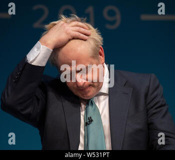 Conservative leadership candidate Boris Johnson at the Darlington leadership hustings on July 05, 2019 in Guisborough, England. Boris Johnson and Jeremy Hunt are the final two MPs left in the contest to replace Theresa May as leader of the Conservative Party. Stock Photo