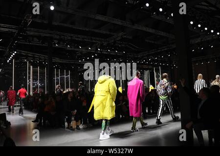 Models display new creations at the Versace fashion show during the Milan Men's Fashion Week Fall/Winter 2019 in Milan, Italy, 12 January 2019. Stock Photo
