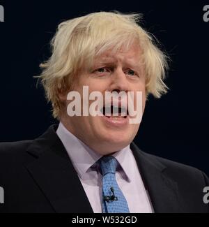 Boris Johnson, the Mayor of London, delivers his speech in the Main Hall of Manchester Central on the third day, and penultimate day, of the Conservative Party Conference on October 1, 2013 in Manchester, England. Stock Photo