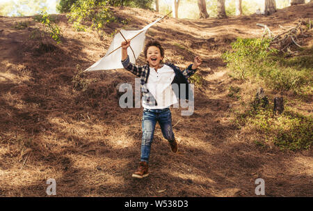 Happy boy running with a kite in hands over his head. Excited boy playing with a kite in forest. Stock Photo