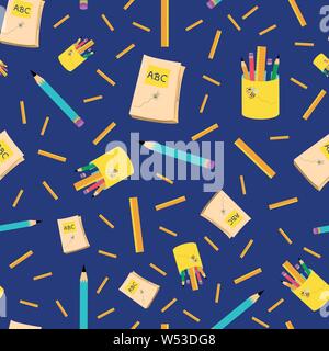 Bright blue and yellow back to school design with pencils, notebooks and rulers. Seamless vector pattern on dark blue background. Great for children Stock Vector