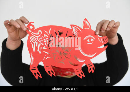 Chinese folk artist Li Yinjie shows a paper-cutting artwork featuring pig to mark the upcoming Spring Festival or the Chinese New Year (Year of the Pi Stock Photo