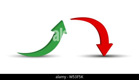 Red and green curved arrows volume. 3D simulation. Stock Vector