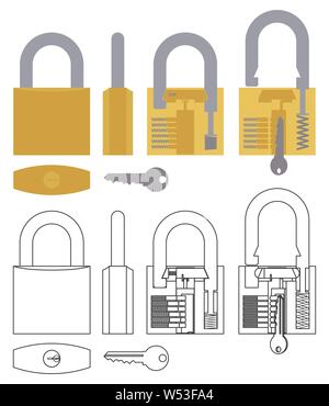 Padlock mechanism working colored and outline only Stock Vector