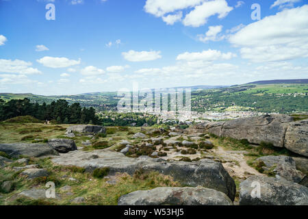 Ilkley Moor Cow and Calf Rocks in Yorkshire, United Kingdom. Also known as Hangingstone Rocks. Stock Photo