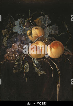 Willem van Aelst, Still Life with Peaches and Grapes, painting, still life, oil on canvas, Height, 43 cm (16.9 inches), Width, 33 cm (12.9 inches), Signed, Guillmo van Aelst Stock Photo