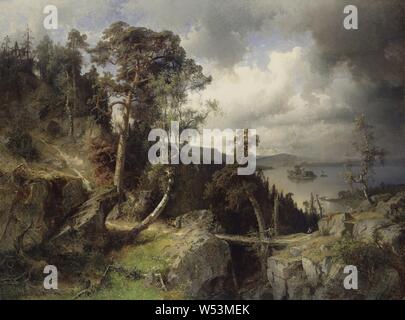 Alfred Wahlberg, Swedish Landscape, Motif from Kolmården, Swedish landscape, Design from Kolmården, painting, landscape art, 1866, oil on canvas, Height, 169 cm (66.5 inches), Width, 226 cm (88.9 inches), Signed, Alfr, Wahlberg 66 Stock Photo