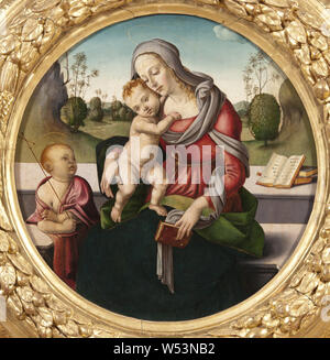 School of Piero Di Cosimo, Madonna and Child and the Infant St John, Madonna with the child and the little John, painting, religious art, Oil on wood, Round, Height, 65 cm (25.5 inches) Stock Photo