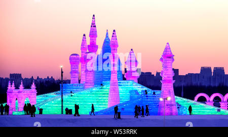 View of illuminated ice sculptures on display during 20th China Harbin Ice and Snow World 2019 in Harbin city, northeast China's Heilongjiang province Stock Photo