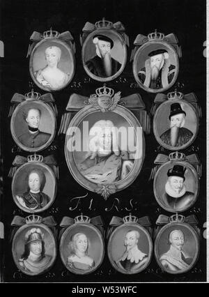 Carl Fredrik Mörck, King Fredrik I, Queen Ulrika Eleonora dy, King Karl XI, King Charles XII, King Karl X Gustav, King Gustav I, King Charles IX, King Johan III, King Sigismund, King Erik XIV, King Gustav II Adolf and, Queen Kristina, Gustav I - Fredrik I, Regentserie with 12 portraits, painting, portrait, Frederick I of Sweden, Gouache on paper and parchment, Height, 31 cm (12.2 inches), Width, 22 cm (8.6 inches, Inscription, UE, RS, , G. I, RS E.XIV, C.XII, RS J.III, RS C. XI, RS F.I, S. RS, C.X, Ch, G.A RS, C.IX, RS Signed, Carl Fredrick Mörck Stock Photo