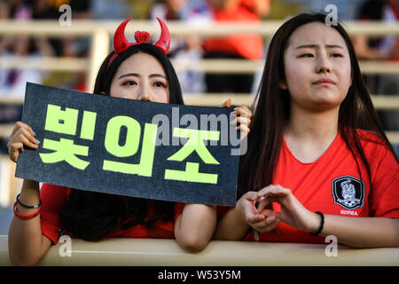 South Korean football fans show support for South Korea national football team in the 2019 AFC Asian Cup group C football match between South Korea an Stock Photo
