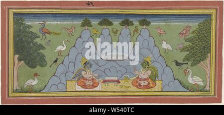 Two birds sitting on a mountain, reading a sacred text, The birds are depicted in the form of gods with wings, the left figure has a blue face (Krishna's shape) and blue wings, the right figure a green face and green wings, the mountain consists of four peaks of the same height on which are four miniature trees, in a valley above the heads of the bird deities is a round pond with four ducks, in the meadow at the foot of the mountain are different kinds of birds, the sacred book lies between the two deities on a bench with a red cushion. The performance is framed by roughly drawn yellow and red Stock Photo