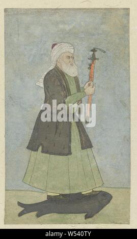 The Holy Khwaja Khadir with a sword in his hand. standing on a fish, Against a gray-green background, on a gray fish with a light green background beneath it stands the saint in profile to the right, holding the sword vertically in front of him in both hands. The performance is framed by two wide decorative bands in plain blue and orange with thin white and black lines., anonymous, Deccan, 1800 - 1899, paper, deck paint, gold (metal), painting, h 234 mm × w 173 mm Stock Photo