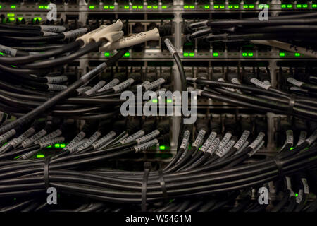 Network Switch and Ethernet Cables Patched into Local Network and IPTV Stock Photo