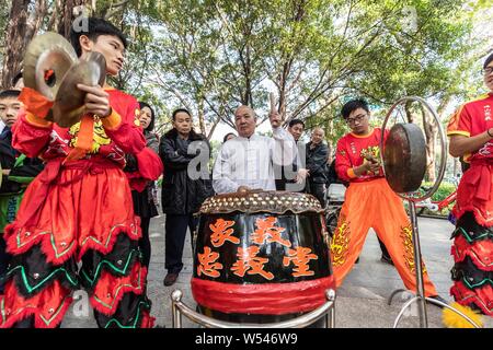 Apprentices of Pang Zhaosheng practice Kung Fu forms at the Lion Dance master's training center in Foshan city, south China's Guangdong province, 24 J Stock Photo