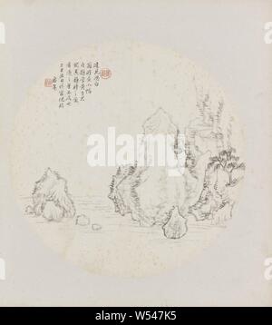 Albumblad, Albumblad with a landscape. Belongs to two albums with 24 landscapes in the style of various masters., Hui Nian, China, 1850 - 1900, ink, paper, h 33 cm × w 66 cm Stock Photo