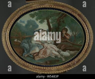 Two fete galante scenes Backglass painting, Oval backglass painting with  three ladies and a gentleman in a landscape that together depict a scene  from the play L'Aminta by Torquato Tasso: Aminte dans