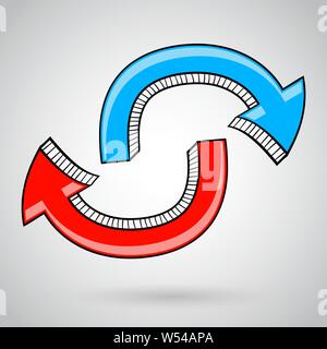 Arrows in circular motion. Red and blue set on gray background. Hand drawn doodle Stock Vector