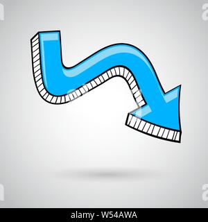 Blue arrow. Bent hand drawn sketch on gray background Stock Vector