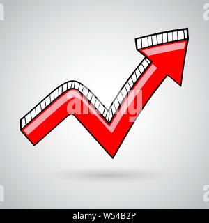 Red arrow. Bent hand drawn sketch on gray background Stock Vector