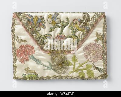 Letter bag in rectangular design of ivory satin, with flowers embroidered in multicolored silk, with the year 1713 on the back, Letter bag in rectangular envelope model of ivory satin, with two flowers and four animals embroidered on the front. On the flap three applications of multicolored stylized flowers in thick silk thread. On the back, 'ISVS' or 'ISUS' and '1713' are embroidered. Between this inscription two men in a red suit with a flagpole in each hand are embroidered above each other. The lower man is placed in a shield shape, bordered with curls in purple, red and gray. Stock Photo