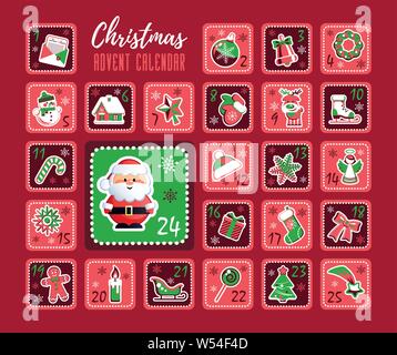 Christmas Countdown Advent Calendar with cute Santa Claus and Christmas decorative icons. Vector illustration without transparency. Stock Vector