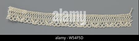 Strip of bobbin lace with a border of U-shaped motifs interspersed with three round meshes, Strip of natural-colored bobbin lace, Swedish lace. The strip is attached to pins on a light blue cardboard with seven other strips. At the top of the cardboard is' Laces From Skåne. Sweden. ' written and above the strip is 'From Tosterup'. Tosterup is a castle in Skåne, located in the south of Sweden. The repeating pattern consists of a row of flat U-shaped motifs made on the underside of the strip, made of linen with open-worked edges, between which there is always a triangular field Stock Photo