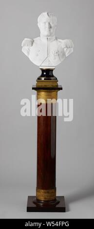 Bust of biscuit, representing Napoleon Bonaparte, with accompanying column, Bust portrait in biscuit representing porcelaine Napoleon Bonaparte on a base of dark blue glazed porcelain with golden piping, in which the brand: manufacture Imperiale de Sevres in red letters above the glaze chopped. Above is a round copper closing plate. Under the base a profiled square copper base. This whole stands on a pillar of veneered mahogany, standing on a large square base, above which a profiled base ring of solid mahogany, the shaft has gold-plated hammered wide bronze rings at the top and bottom end Stock Photo